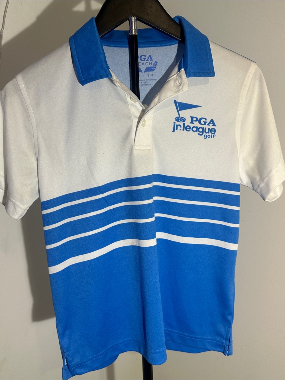 PGA Jr. League Men’s White & Blue Striped Performance Polo